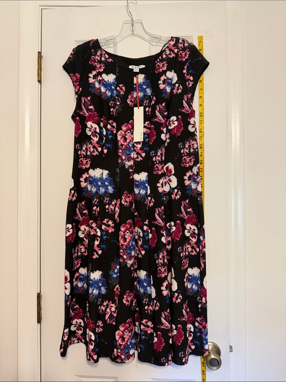 Elle Black Floral Fit & Flare Dress with Pink and Blue Blooms